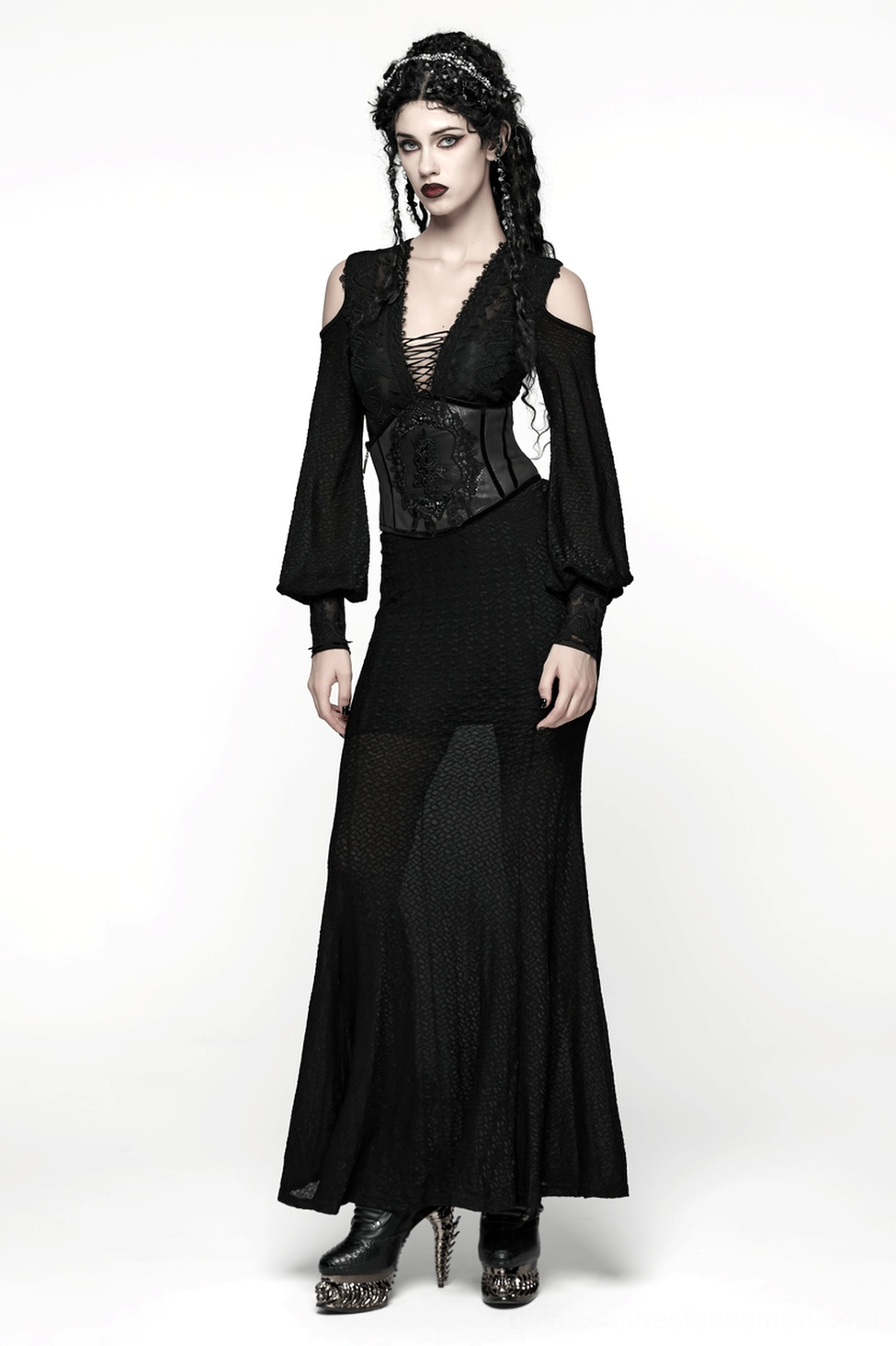 Black gothic cold shoulder lace corset dress - alternative fashion styling with accessories and footwear