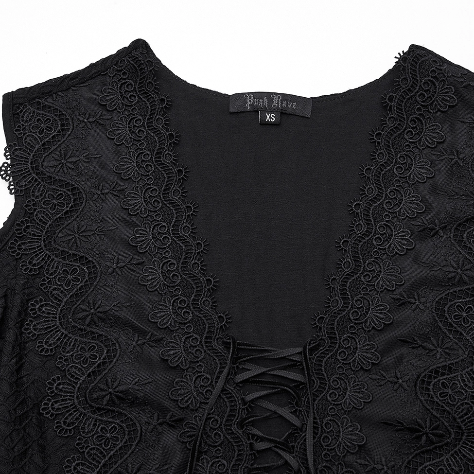 Black gothic cold shoulder lace corset dress neckline - plunging V-neck with lace-up drawstring detail