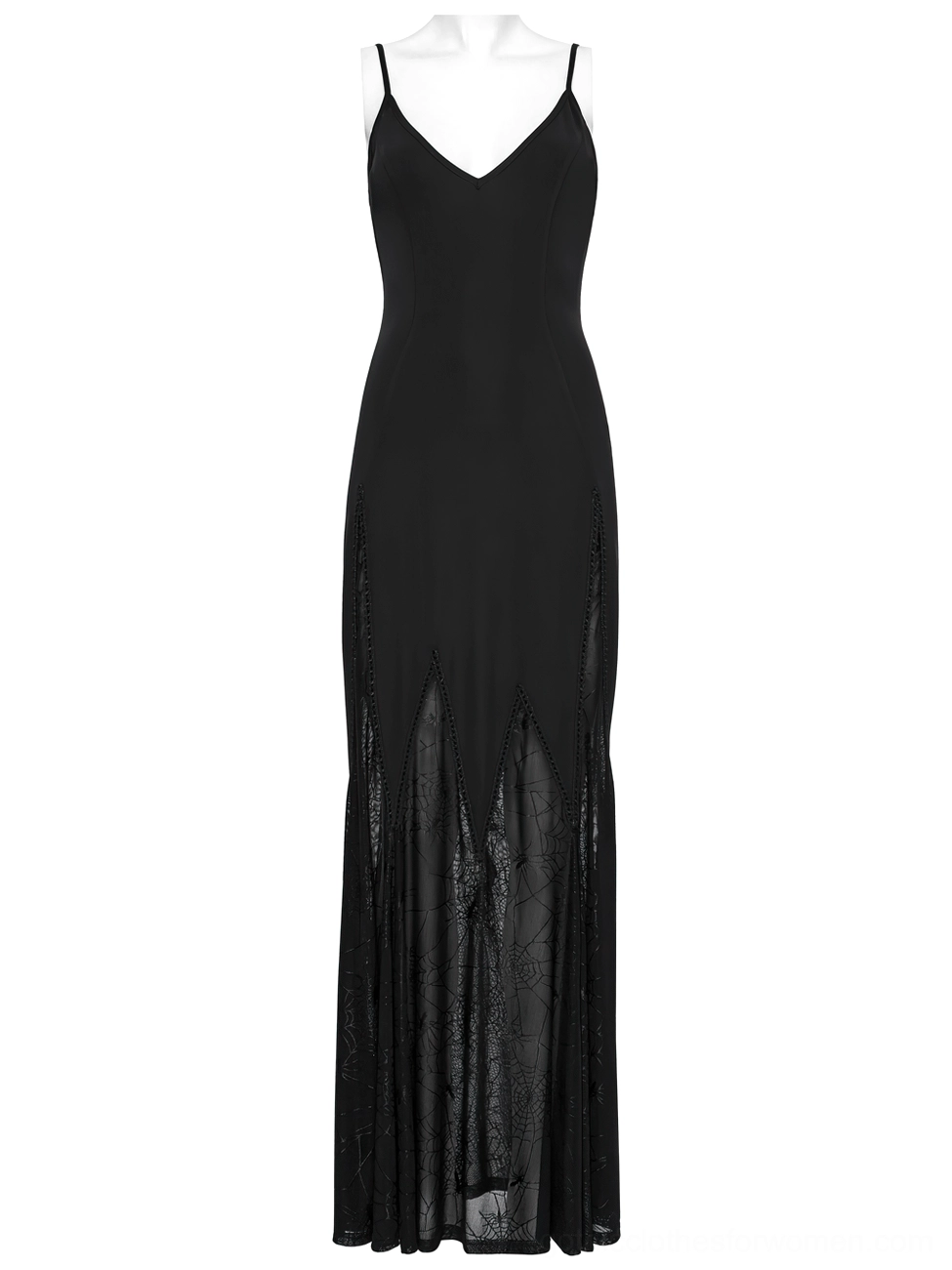 Black gothic maxi dress front view on mannequin featuring V-neck, jagged hem, and spiderweb sheer fabric construction