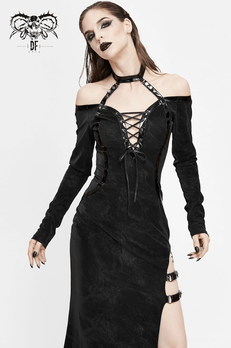 Gothic maxi dress full length view showcasing black velvet fabric and elegant draping with side slit