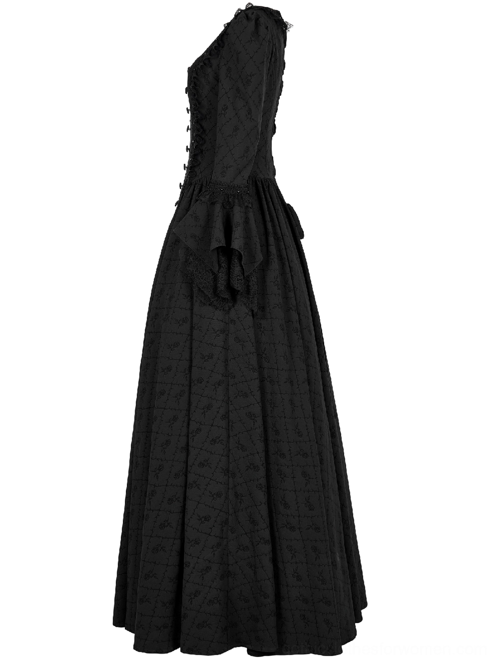 Black gothic maxi gown side view - fitted bodice with flared bell sleeves and rose weave pattern