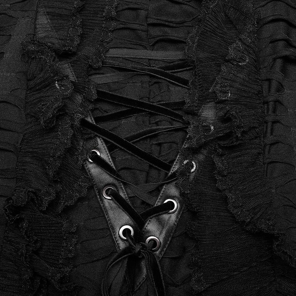 Close-up detail of black gothic maxi skirt back corset-style lacing, featuring velvet ribbon laces and ripped mesh with ruffled trim