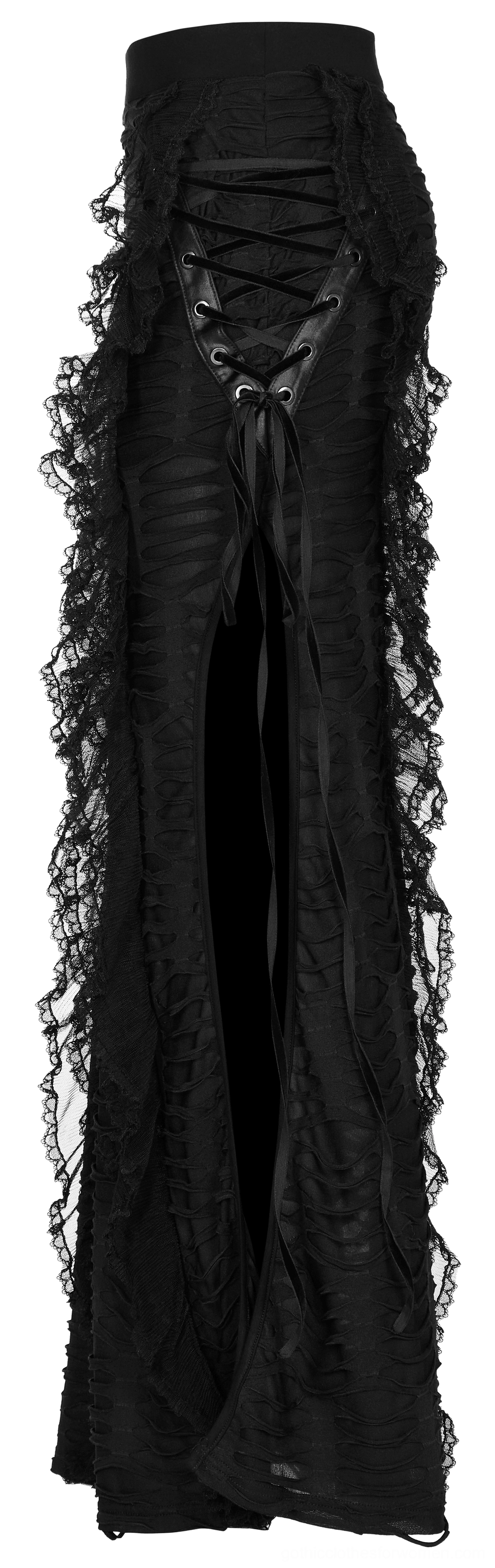 Black gothic ruffle maxi skirt back flat lay view, highlighting high slit and corset-style lace-up back panel