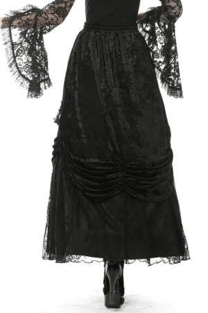 Gothic velvet maxi skirt rear view showing ruched back panel and lace trim