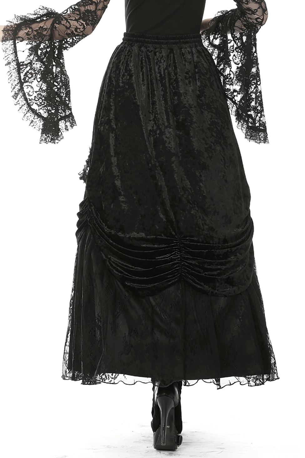 Gothic velvet maxi skirt rear view showing ruched back panel and lace trim