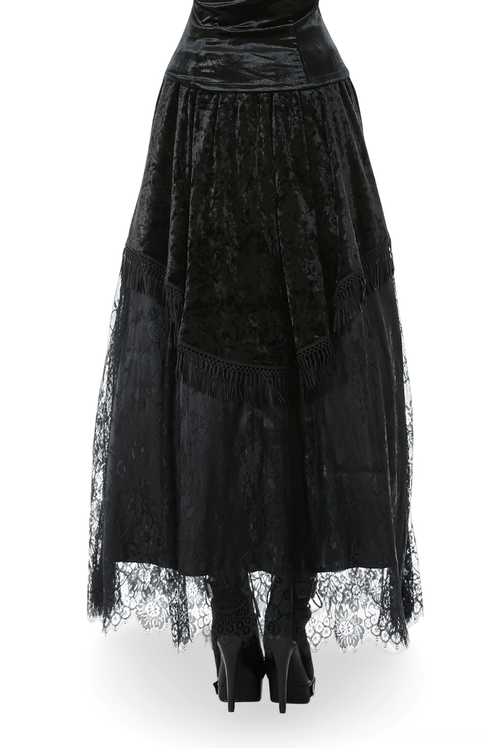 Back view of gothic black velvet maxi skirt showing scalloped lace hem and high-waisted velvet construction on dress form