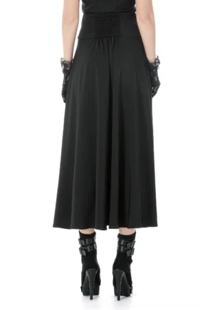 Black gothic maxi skirt rear view displaying smocked high waistband and floor-length silhouette with matte black fabric finish