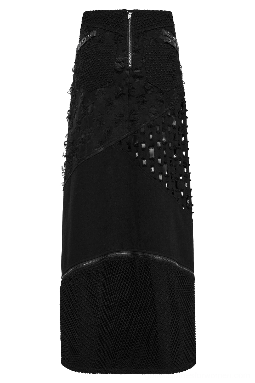 Black gothic maxi skirt rear view highlighting back zipper closure and mesh side panel construction