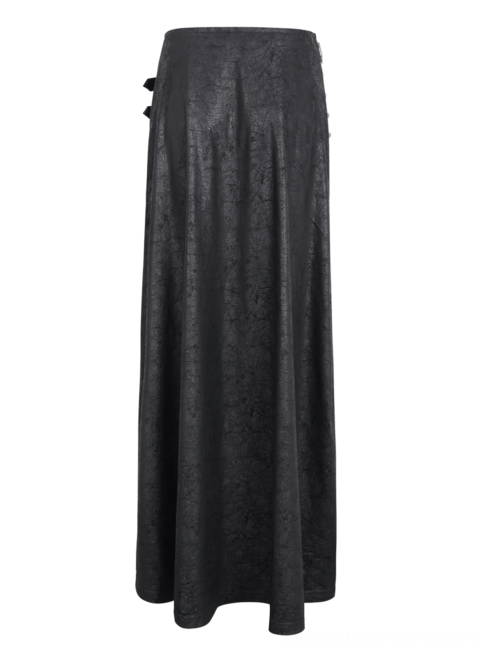 Solid black faux leather maxi skirt front view highlighting cracked leather texture finish and structured silhouette without visible front buckles