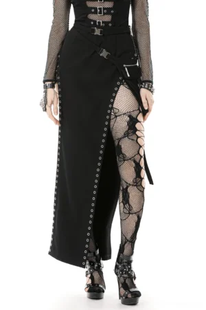 Industrial buckle asymmetrical gothic maxi skirt with metal grommet trim front view on goth model