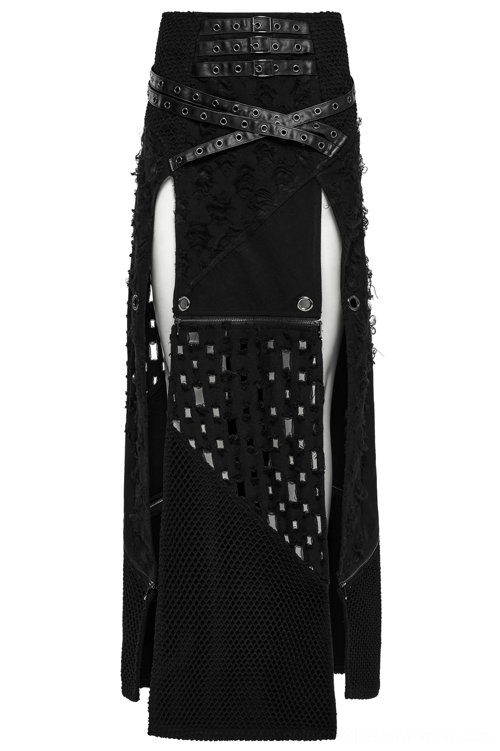 Black gothic maxi skirt with metal buckle waistband and high side slit showing distressed fabric texture