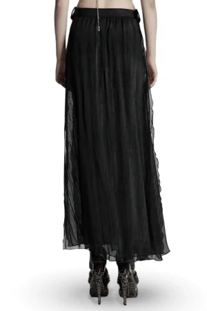 Back view of gothic pleated chiffon maxi skirt displaying chain trim detail and elastic waist with layered fabric construction