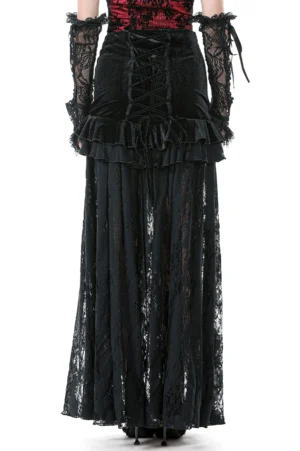 Corset lace-up back detail of black gothic maxi skirt with ruffled waist trim
