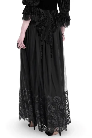 Black gothic mesh maxi skirt with vintage-inspired embroidered hem, rear three-quarter view on model