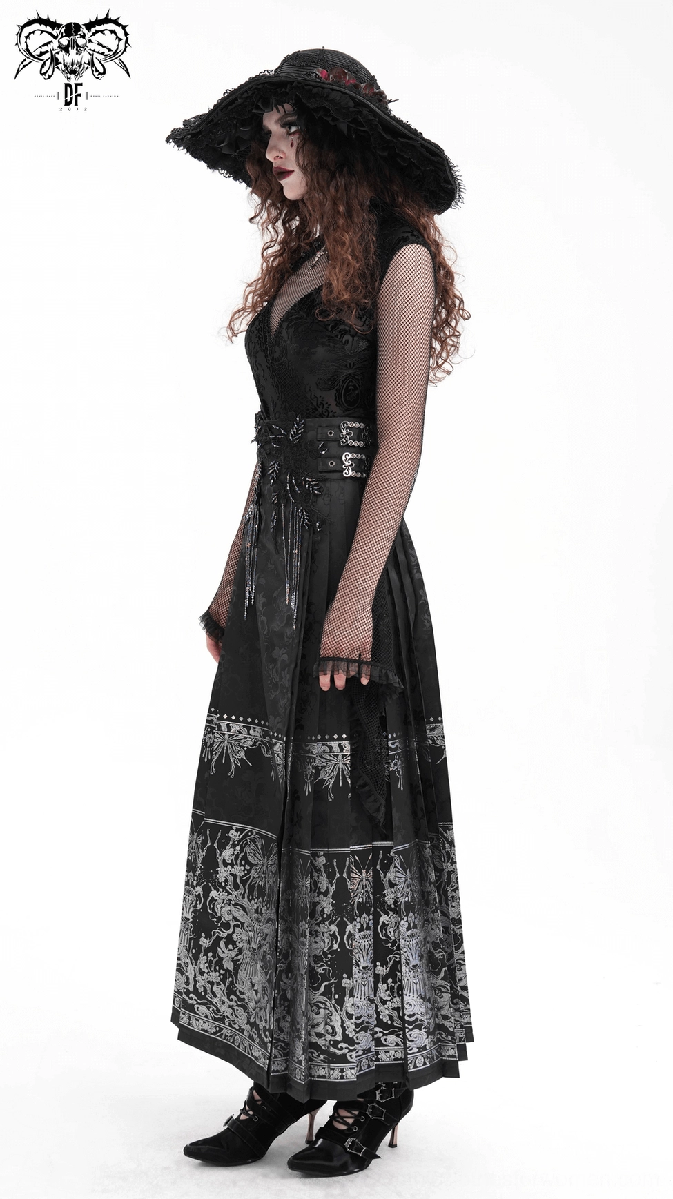 Black gothic maxi skirt size and fit demonstration showing how the high-waisted design flatters and elongates silhouette