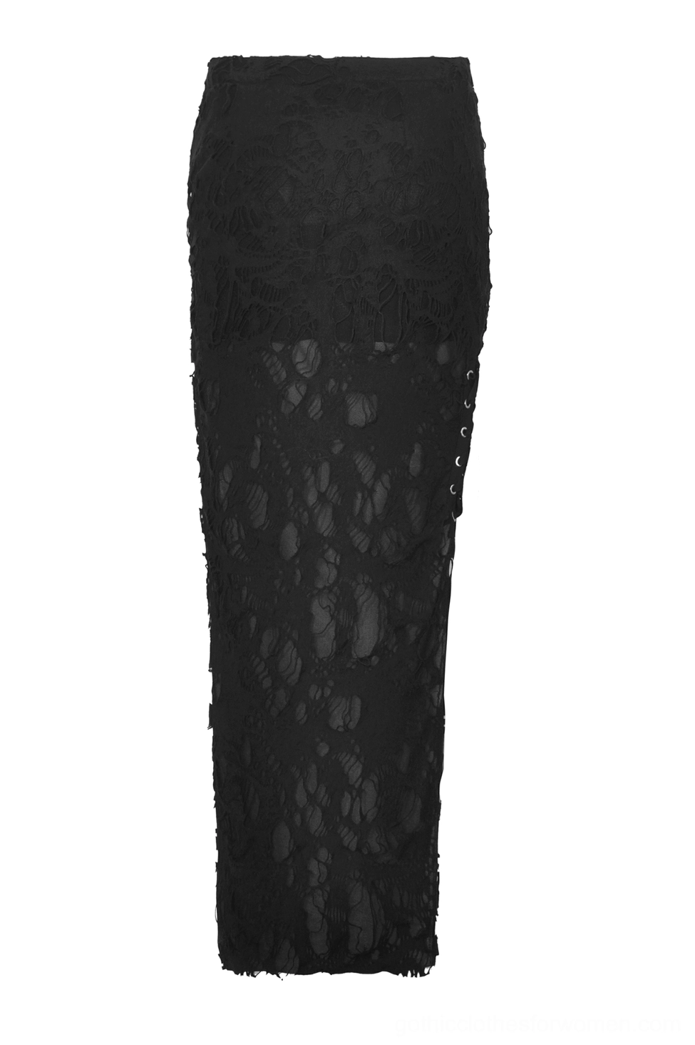 Black gothic maxi skirt full-length front flat lay displaying solid lace front panel and maxi cut silhouette