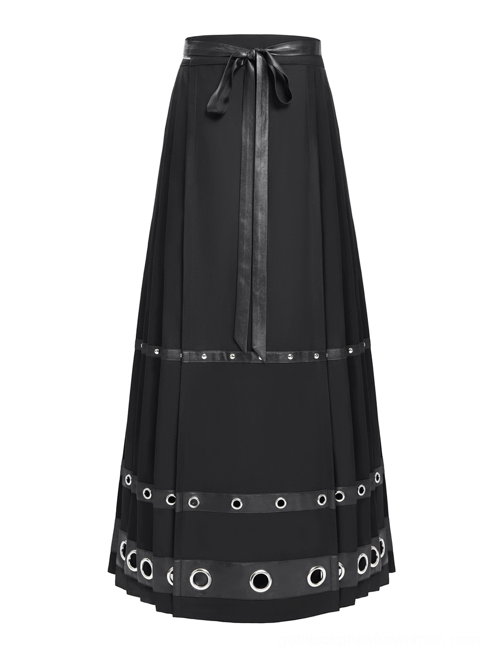 Black gothic floor-length skirt with metal grommet trim and faux leather waist tie, front flat lay photography