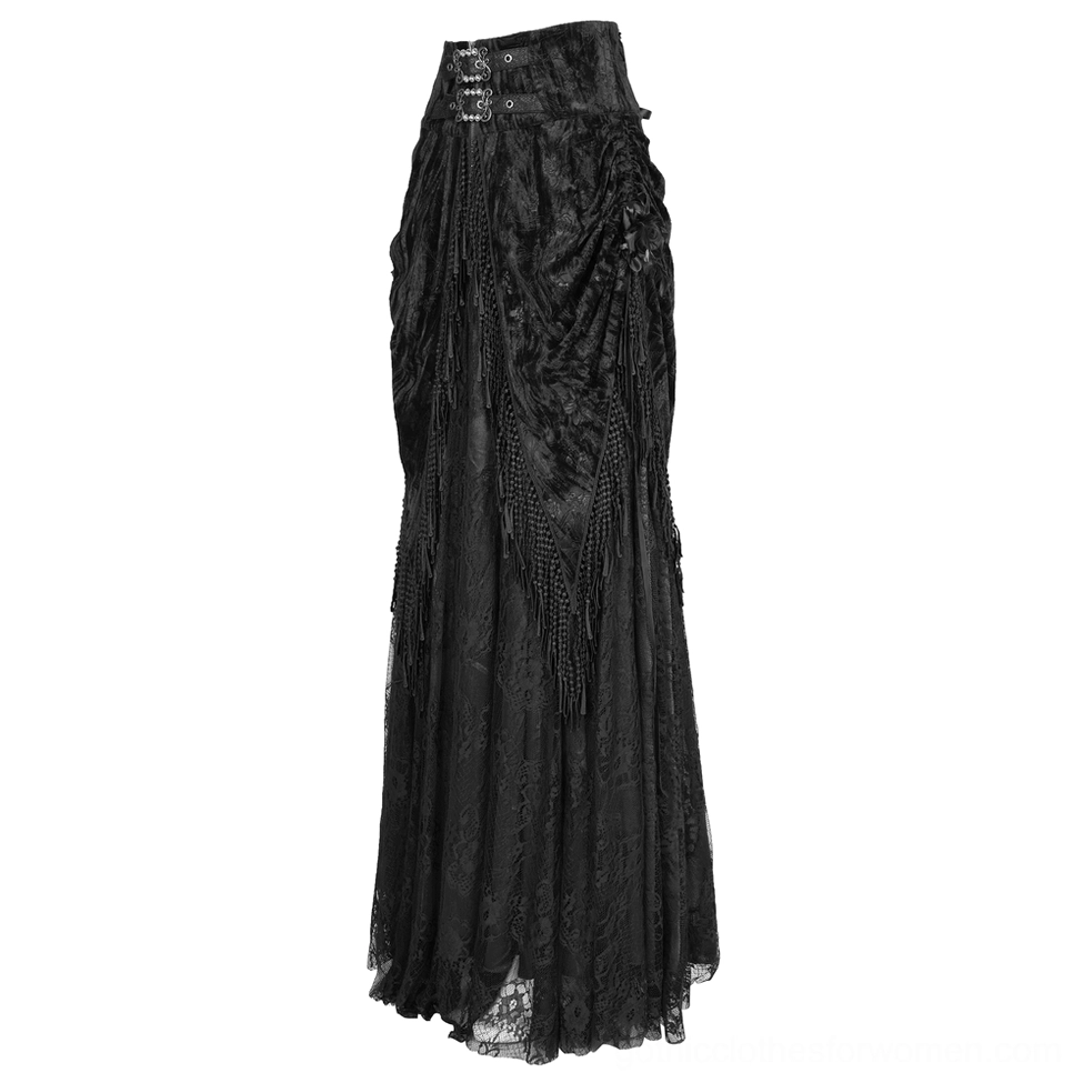 Black lace victorian gothic maxi skirt high waist design with draped fabric front and lace hem detail, side view