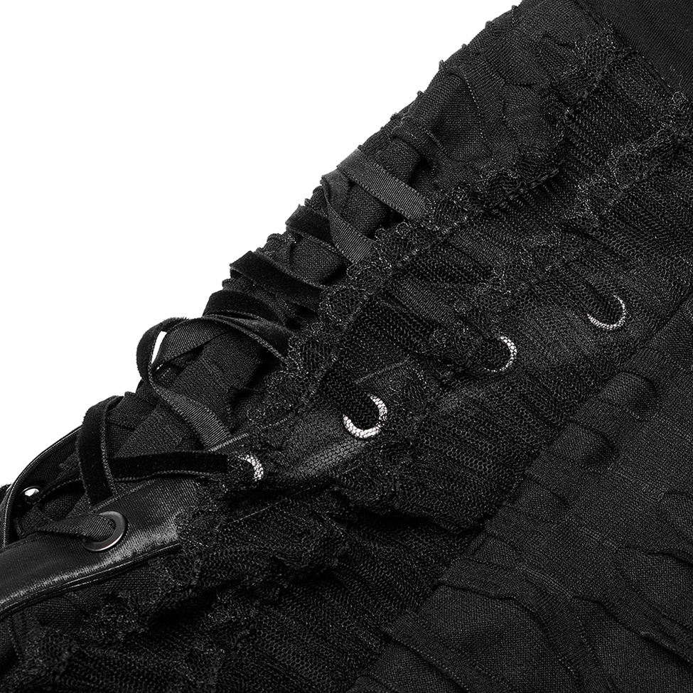 Close-up detail of gothic ruffle maxi skirt side hardware, showing metal eyelets, ruffled lace trim, and velvet lace ribbons