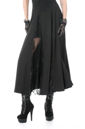 Black gothic high-waist maxi skirt with lace side panels worn by model, front three-quarter view showing A-line drape and layered hem