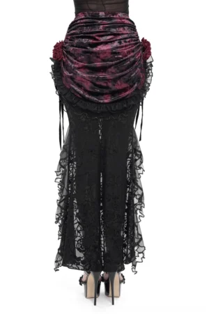 Dark romantic gothic maxi skirt with sheer lace overlay and lace-up corset back detail, rear view