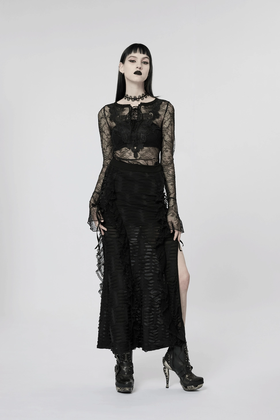 Black gothic maxi skirt additional angle showing layered ruffle construction and distressed mesh design elements