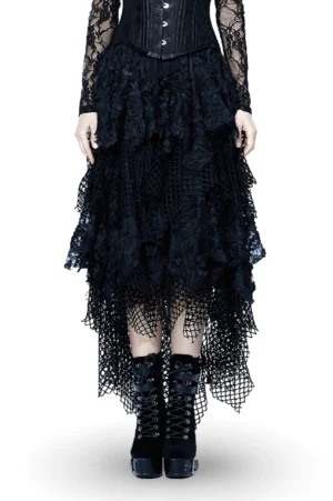 Black high-low gothic maxi skirt with layered mesh and lace - front full-body view on model, showing ruffled tiered layers and fishnet hemline
