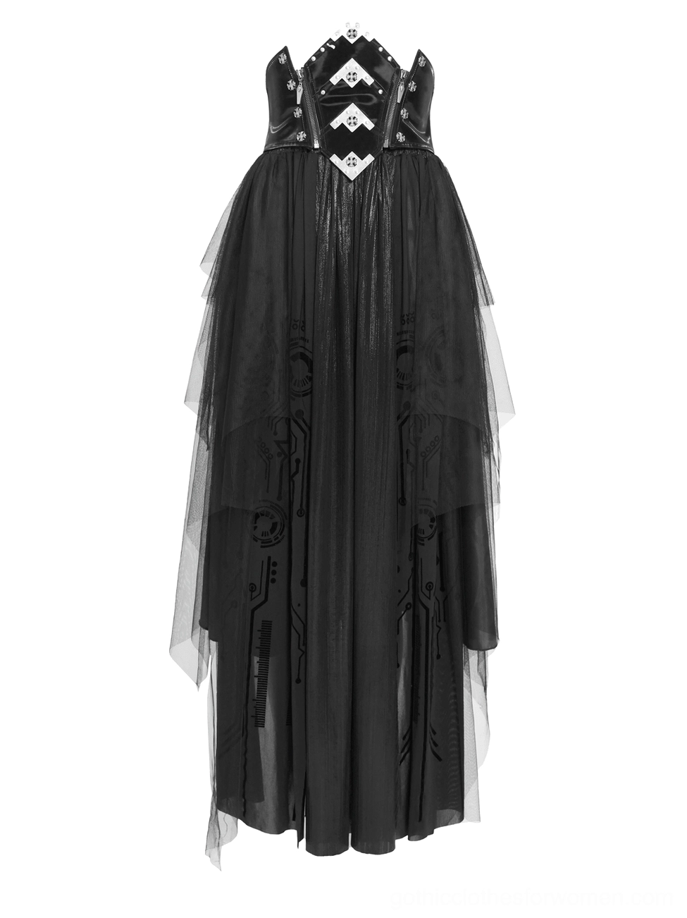 Black gothic corset maxi skirt front view with asymmetrical tulle overlay and printed fabric detail