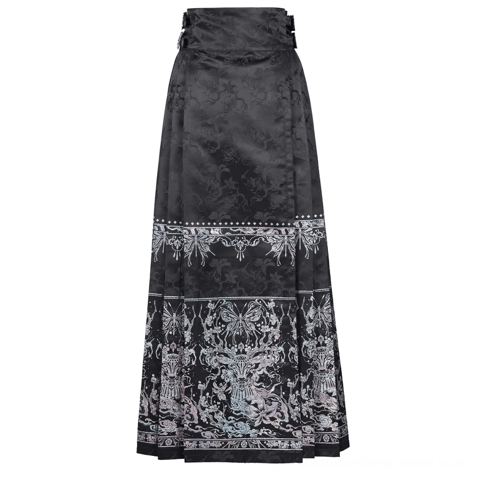 Rear flat view of black gothic maxi skirt displaying plain high waist with silver embroidered trim and flowing maxi length construction