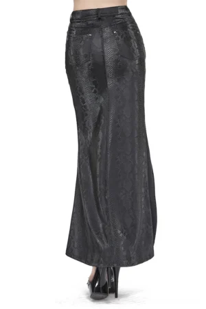Gothic maxi skirt with fishtail hem and textured leather - rear view showing fitted silhouette