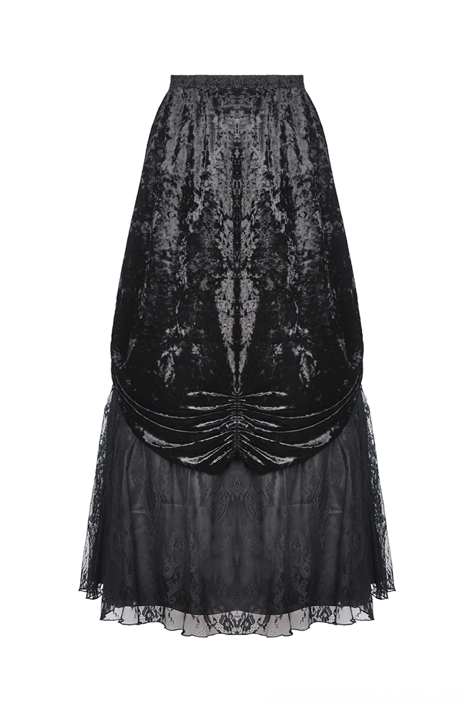 Gothic maxi skirt flat lay showing reverse panel construction and crushed velvet texture