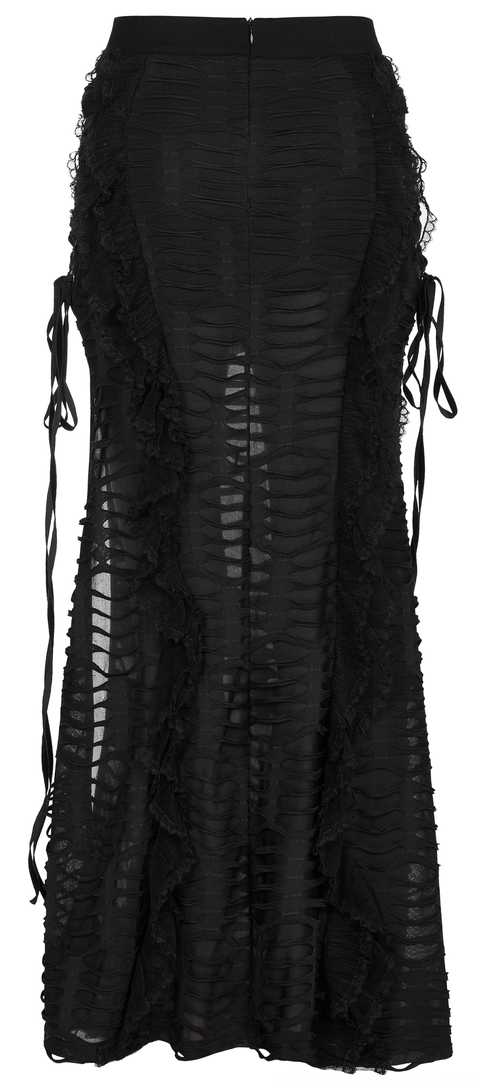 Black gothic maxi skirt right side flat lay, featuring sheer ripped texture and adjustable velvet ribbon side lace detail