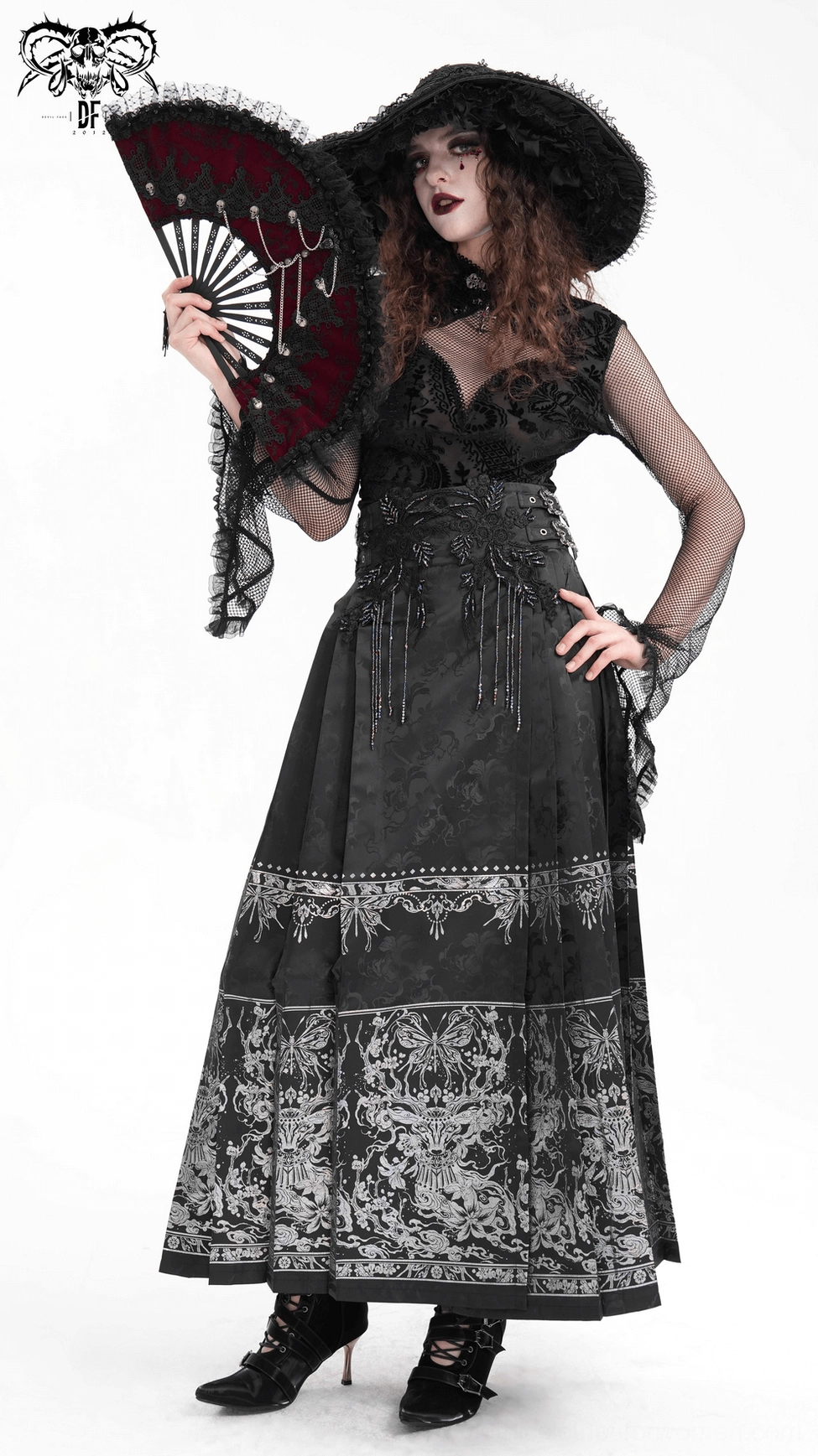 Black jacquard gothic maxi skirt styled for various occasions demonstrating versatility of alternative fashion piece