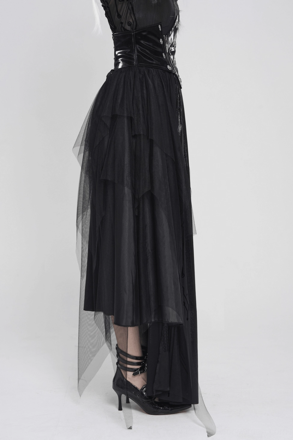 Black gothic corset mesh maxi skirt model wearing showing movement and drape of tulle