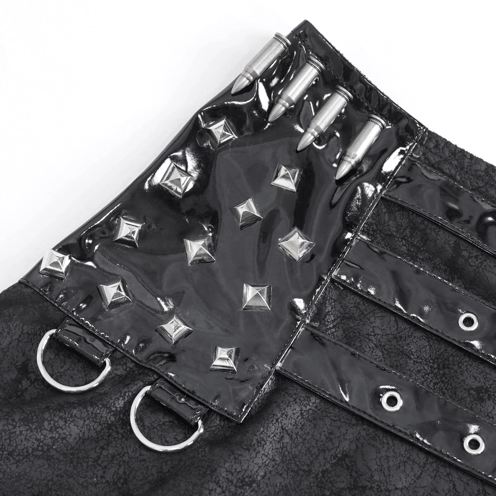 Close-up detailed view of black gothic maxi skirt waist hardware featuring pyramid studs, silver bullet hardware, and metal D-ring buckles