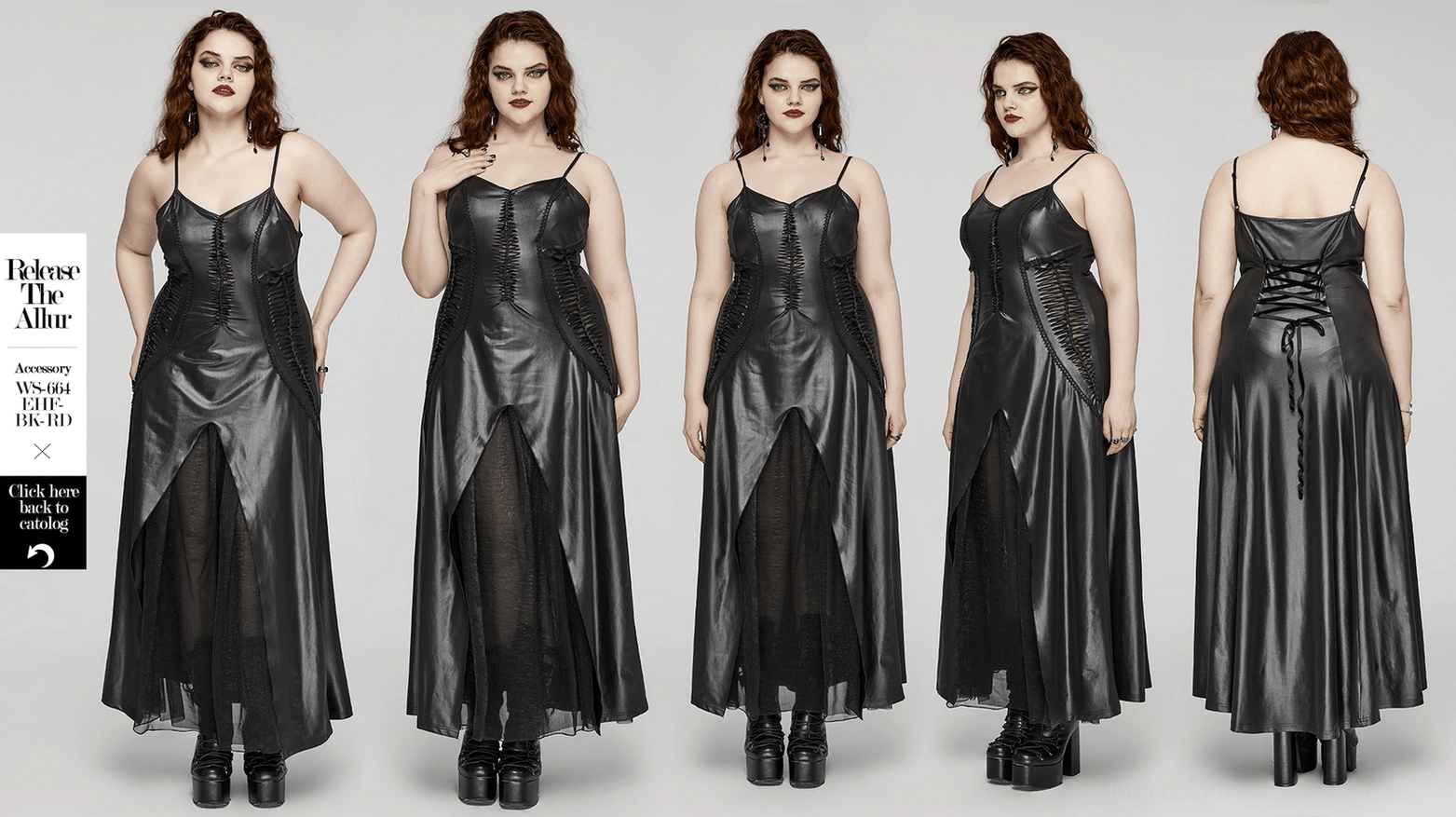 Full-length view of black gothic maxi slip dress with lace-up corset back and mesh accents on dress form