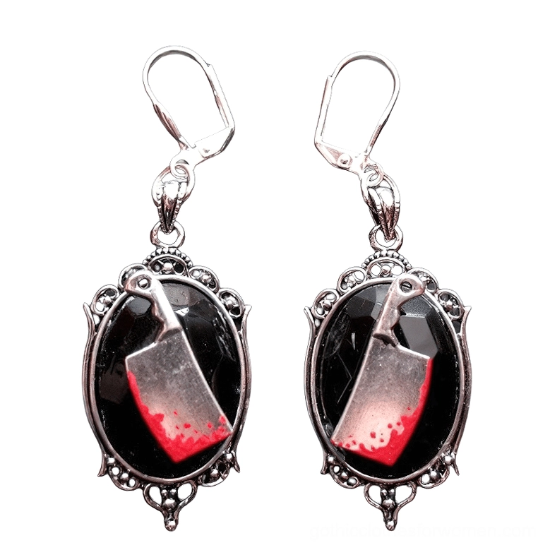 Gothic bloody meat cleaver earrings with black gemstone in ornate silver vintage frame, front flat view