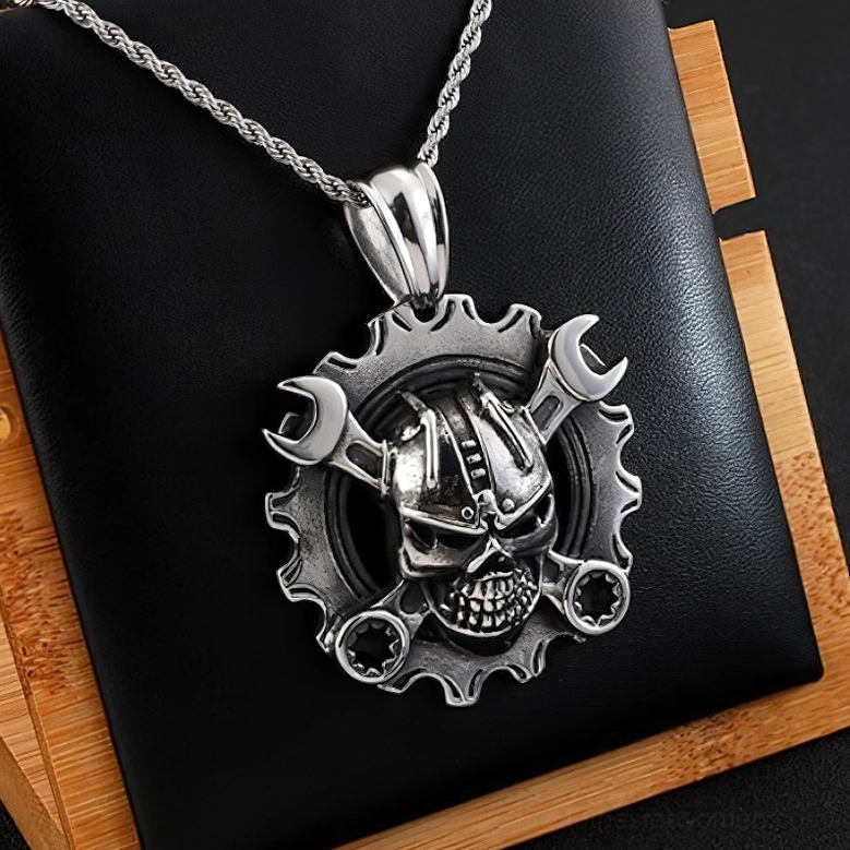 Vintage silver mechanical skull pendant with leather and wood backdrop - gothic steampunk necklace lifestyle shot