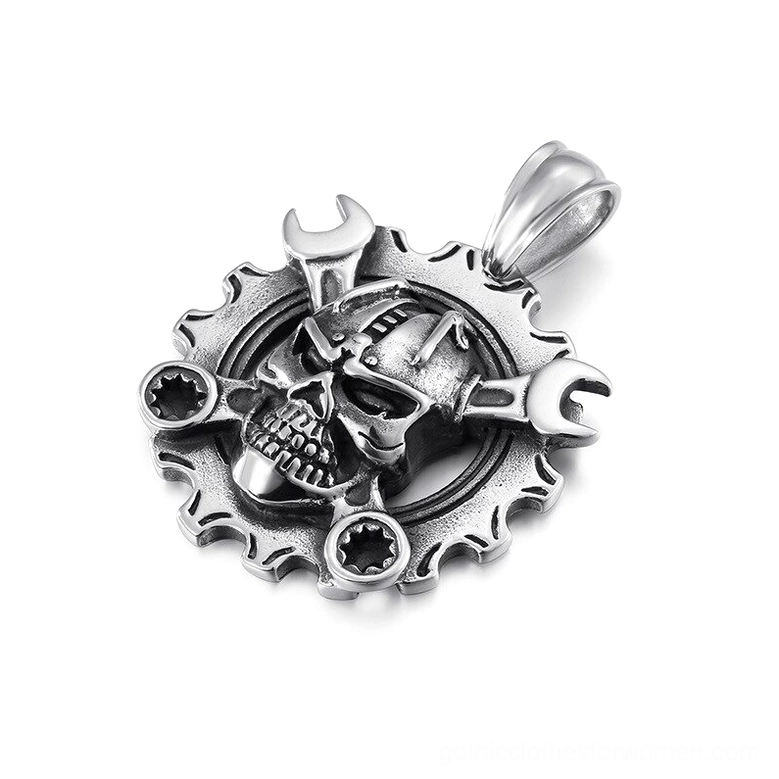 Industrial skull pendant side view - 3D helmeted skull design with intricate wrench details, gothic steampunk necklace side profile