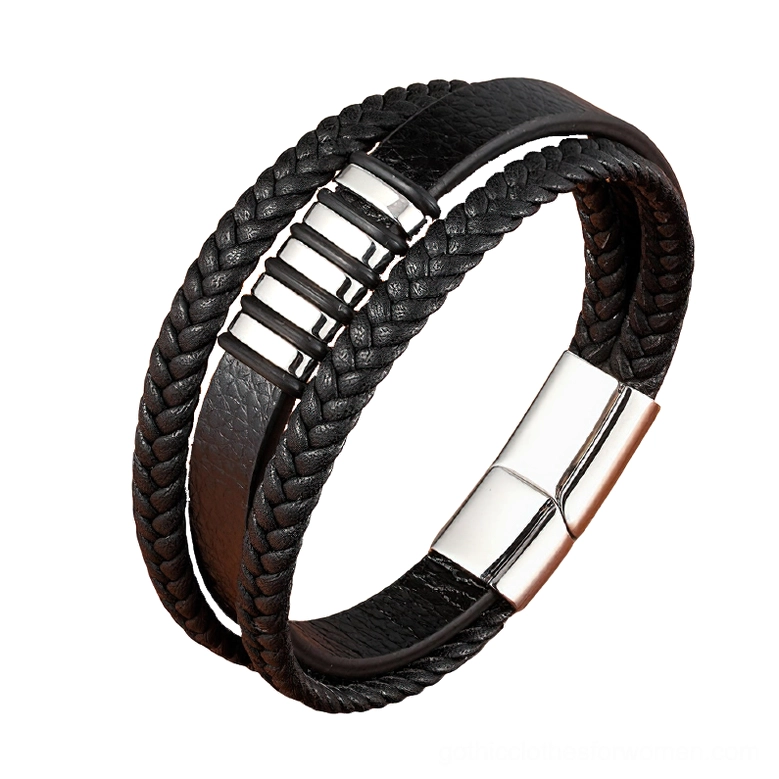 Alternative gothic bracelet for men featuring polished silver hardware and jet-black genuine leather