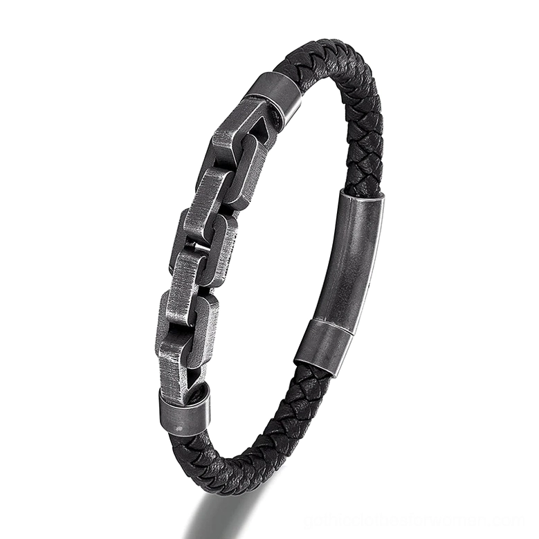 Black leather braided strap with chunky gunmetal chain links gothic bracelet, side oblique close-up showcasing texture