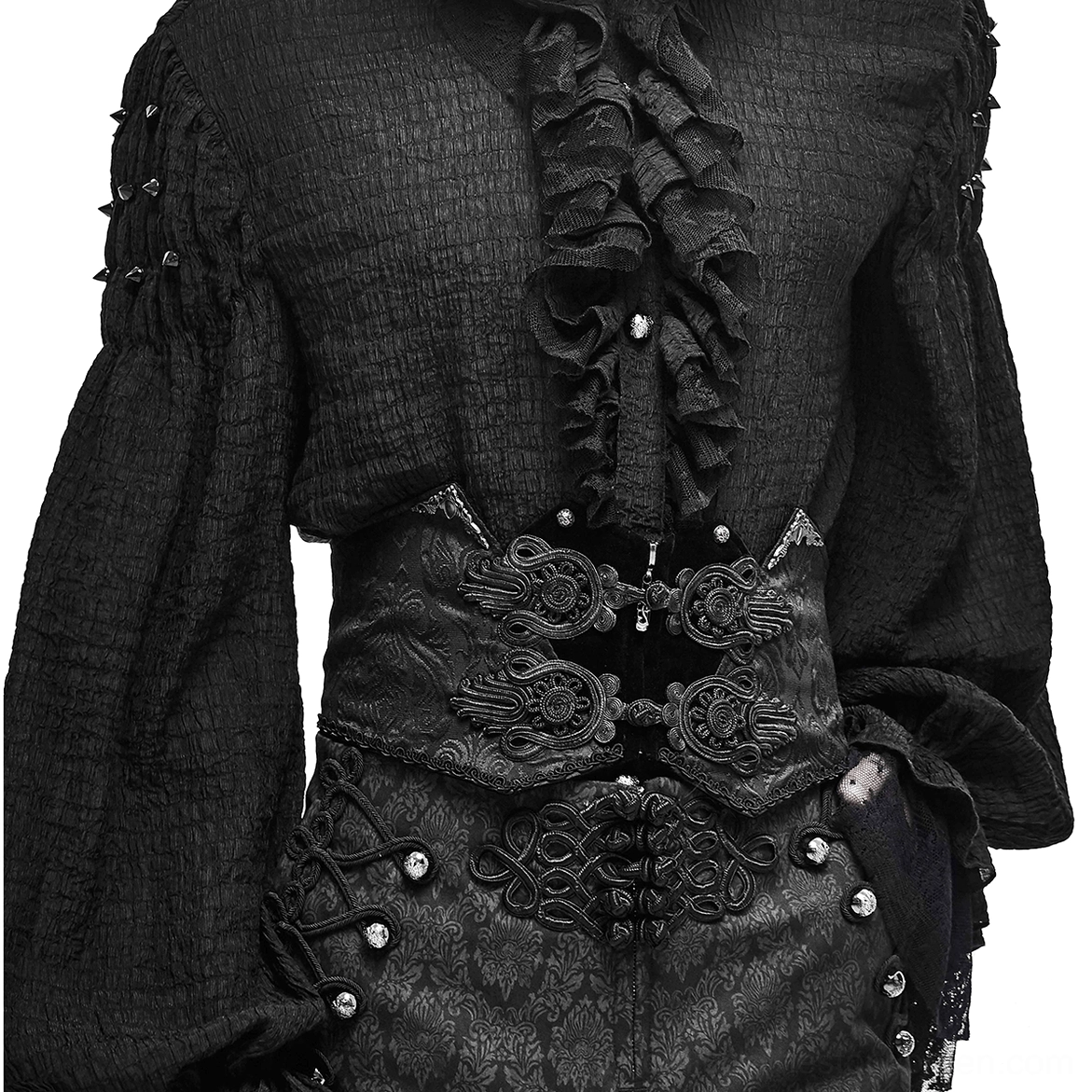 Black gothic corset belt with brocade embroidery and ornate buckles, front close-up detail view