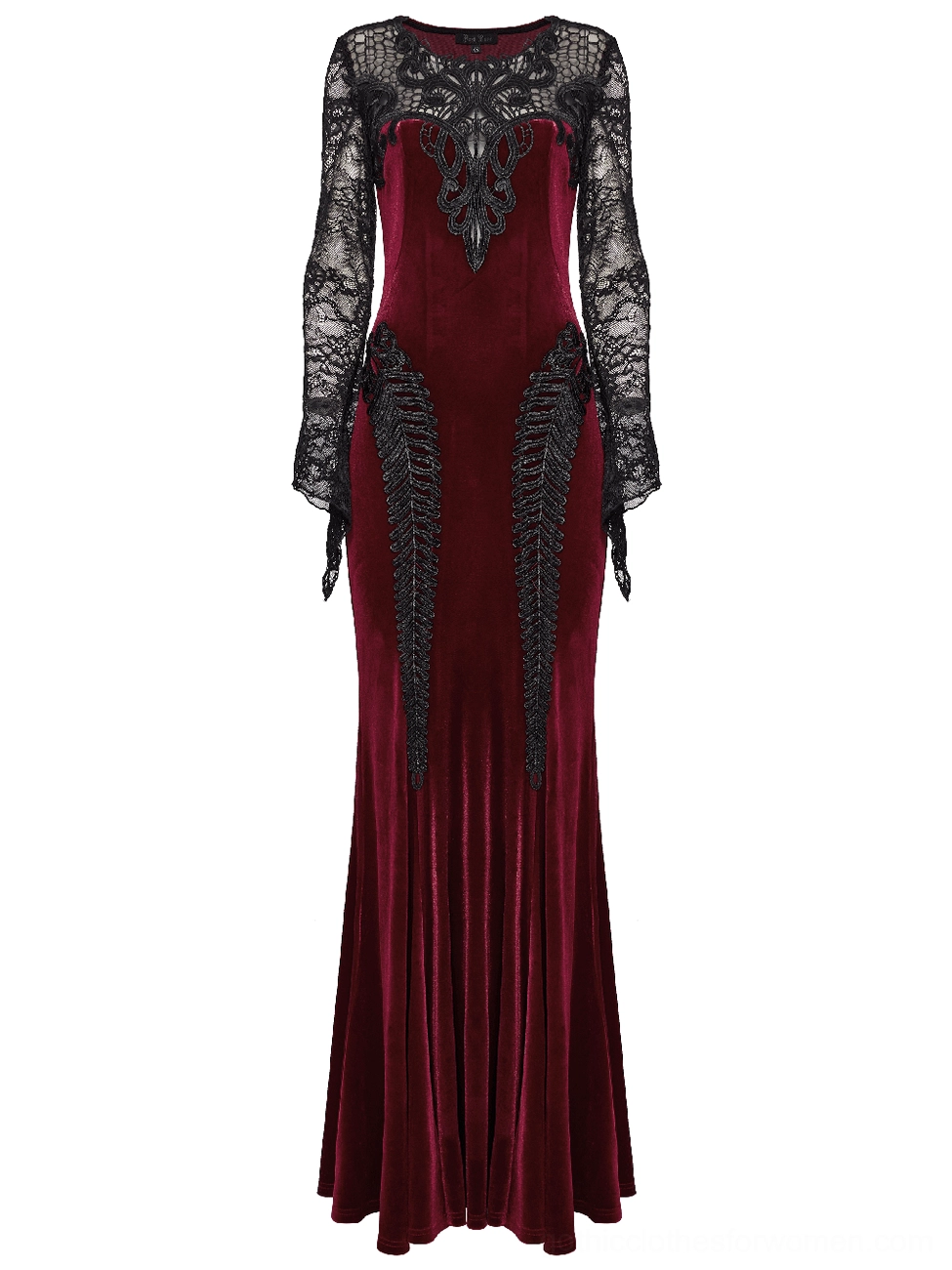 Back flat lay of burgundy velvet gothic mermaid dress showing lace-up corset back and floor-length cut