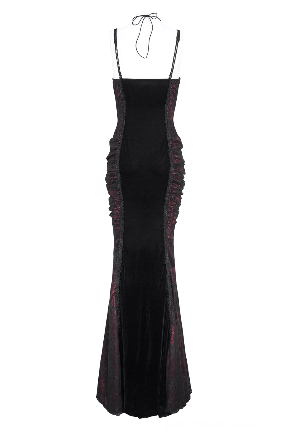Black burgundy gothic mermaid dress back view on mannequin showing backless design and adjustable straps