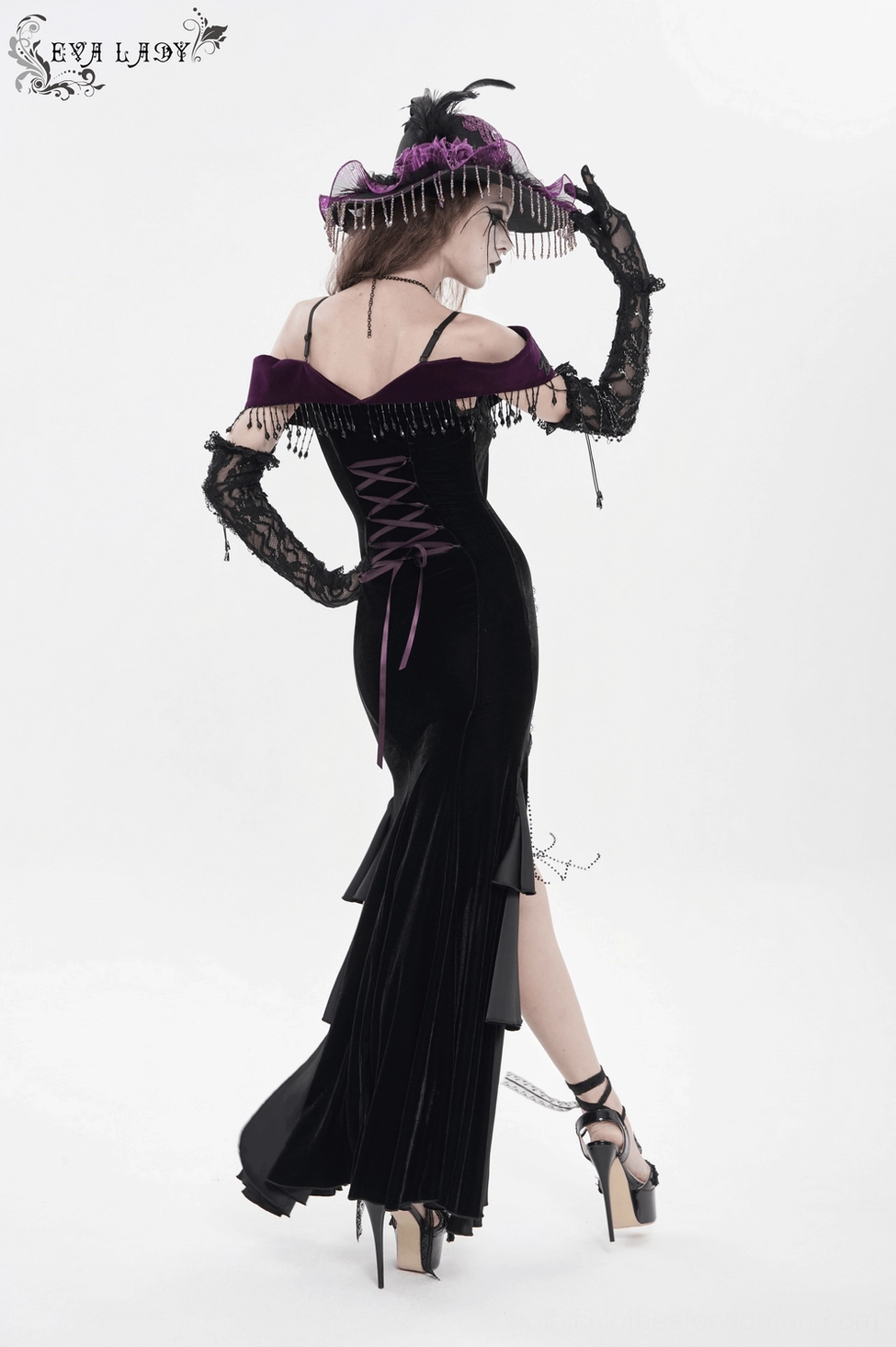 Gothic mermaid dress detail shot showing beadwork embroidery and texture on bodice