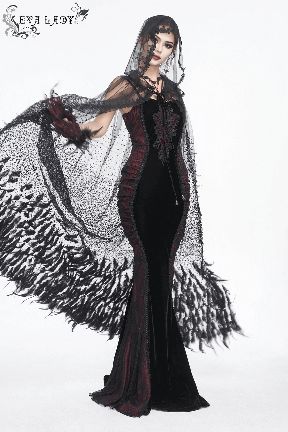 Black burgundy gothic mermaid dress front silhouette with fitted bodice and voluminous skirt