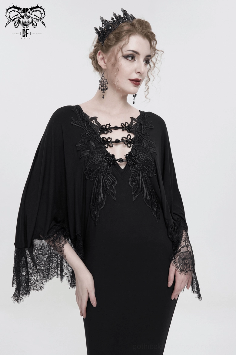 Black gothic mermaid dress styled on model wearing gothic crown, front medium view highlighting deep V-neck and lace cape sleeve design