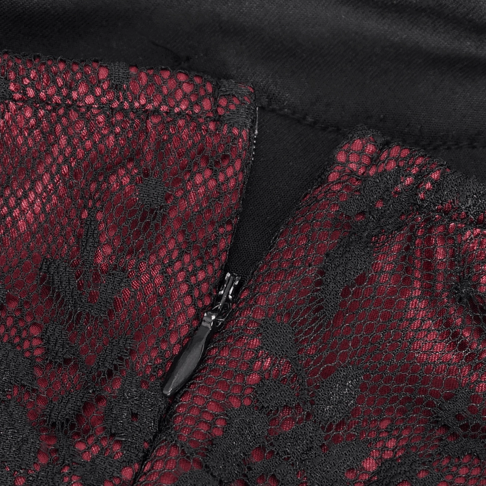 Black burgundy velvet gothic mermaid dress showing fitted silhouette and lace draping