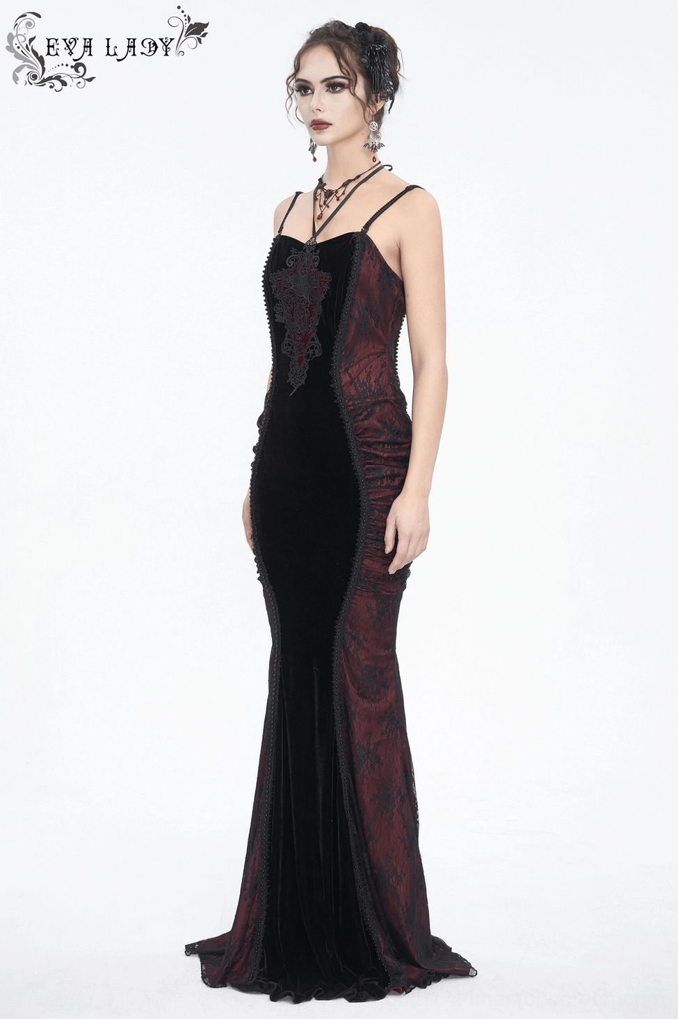 Black burgundy gothic dress full length view highlighting mermaid flare and lace embellishments