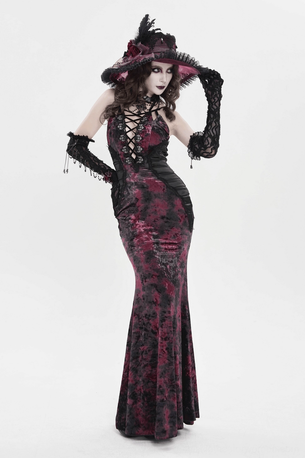 Burgundy black tie-dye gothic mermaid maxi dress detail showing halter strap attachment and upper bodice lace-up design
